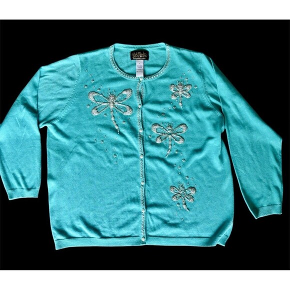 BOB MACKIE WEARABLE ART cardigan, Dragonfly Beaded Embellished Pearls Aqua Green - Picture 1 of 9
